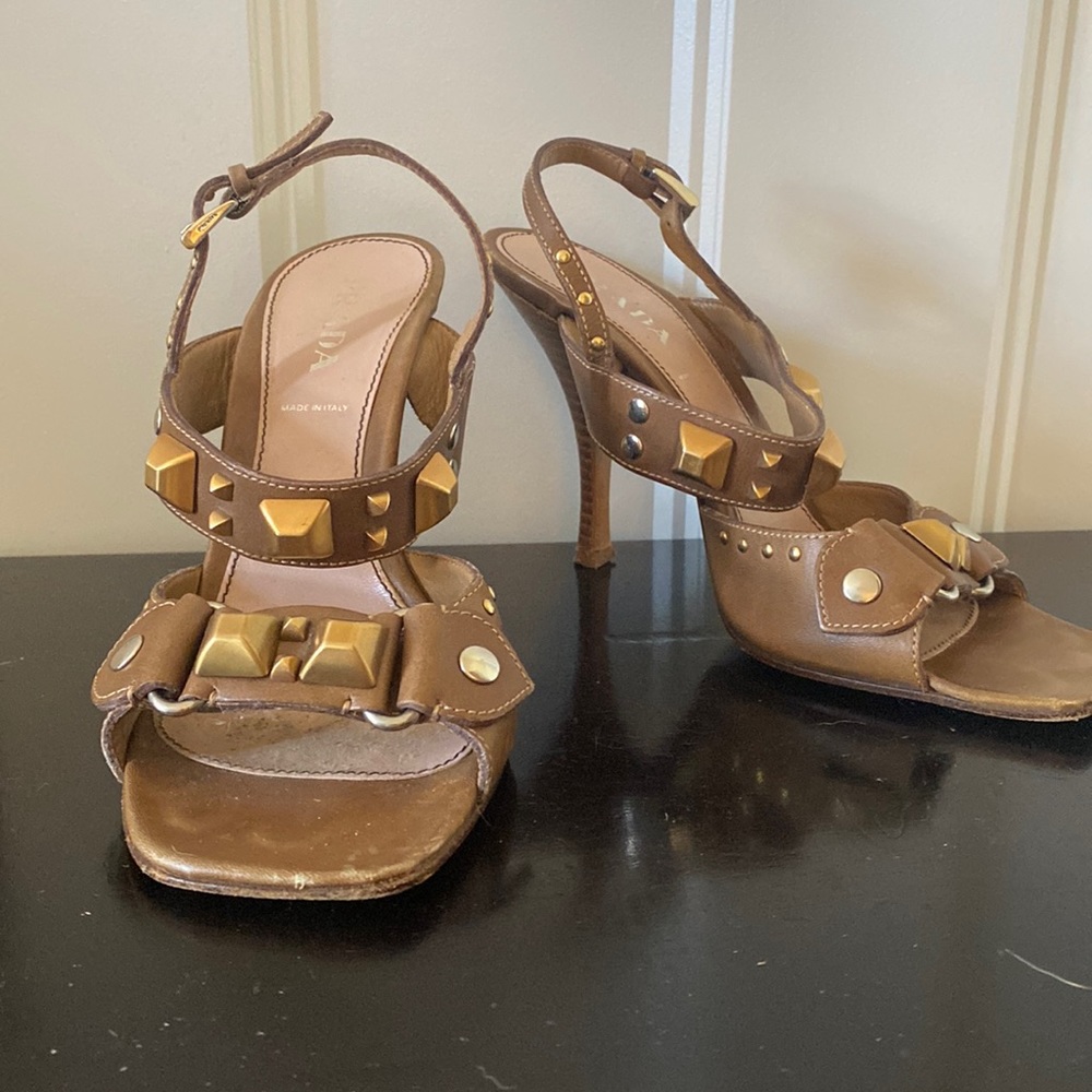PRADA Bronze, vintage, heeled sandals with bronze & silver stud details.  37.5